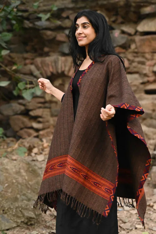 The ICH Exclusive Soft Himachal Wool Poncho With Woven Border - Rustic Mocha
