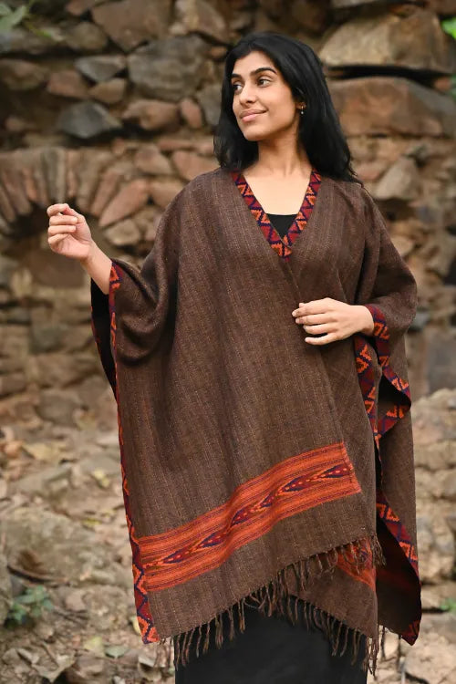 The ICH Exclusive Soft Himachal Wool Poncho With Woven Border - Rustic Mocha