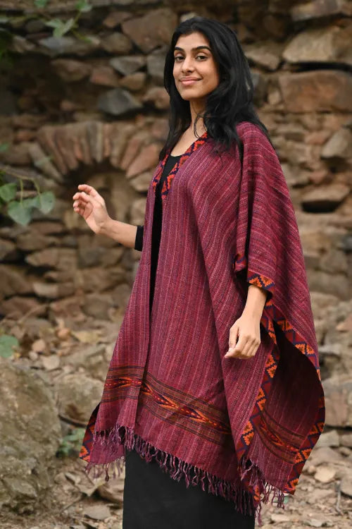 The ICH Exclusive Soft Himachal Wool Poncho With Woven Border - Winewood Stripes