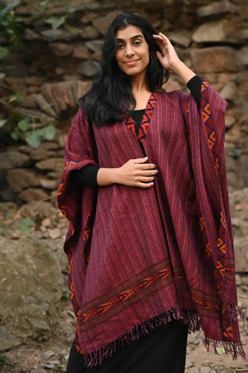 The ICH Exclusive Soft Himachal Wool Poncho With Woven Border - Winewood Stripes