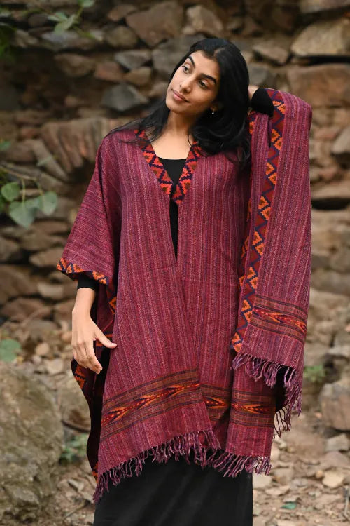 The ICH Exclusive Soft Himachal Wool Poncho With Woven Border - Winewood Stripes