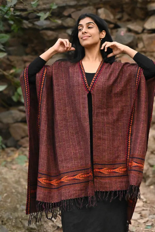 The ICH Exclusive Soft Himachal Wool Poncho With Woven Border - Mountain Berry