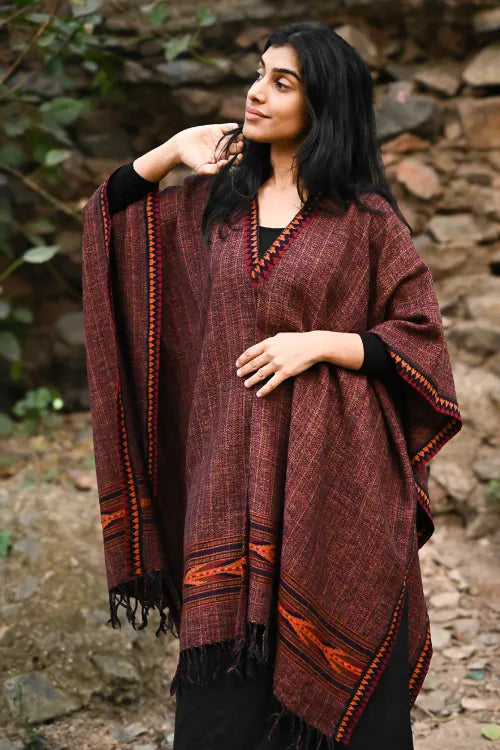 The ICH Exclusive Soft Himachal Wool Poncho With Woven Border - Mountain Berry
