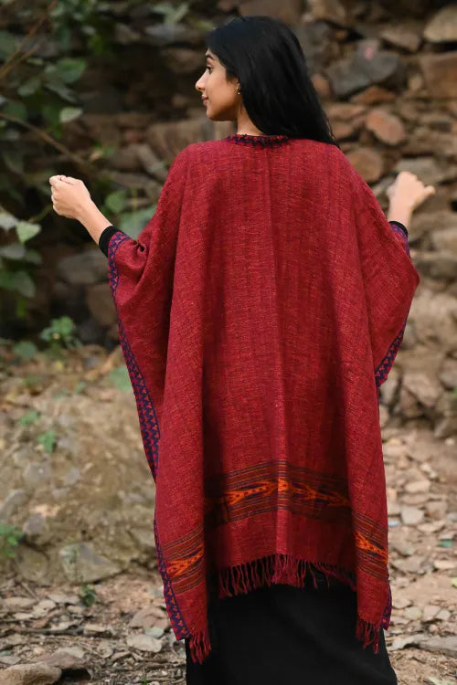 The ICH Exclusive Soft Himachal Wool Poncho With Woven Border - Plum Spice