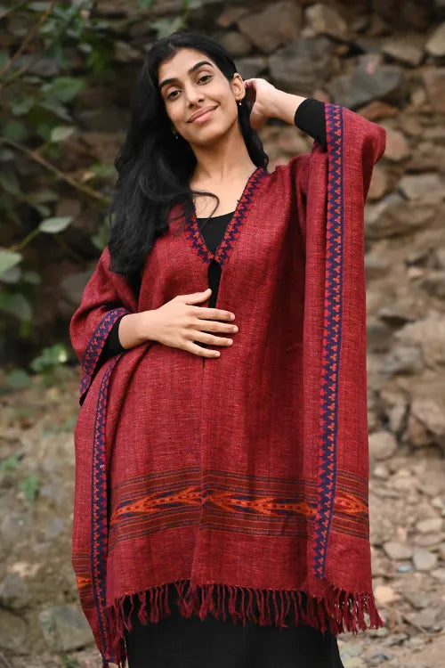 The ICH Exclusive Soft Himachal Wool Poncho With Woven Border - Plum Spice