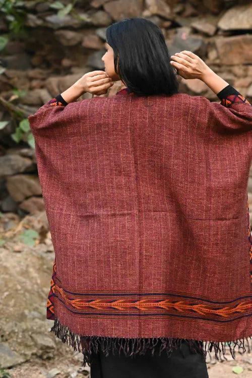 The ICH Exclusive Soft Himachal Wool Poncho With Woven Border - Chocolate Rust
