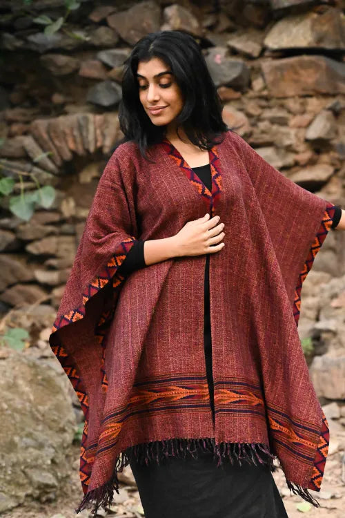 The ICH Exclusive Soft Himachal Wool Poncho With Woven Border - Chocolate Rust