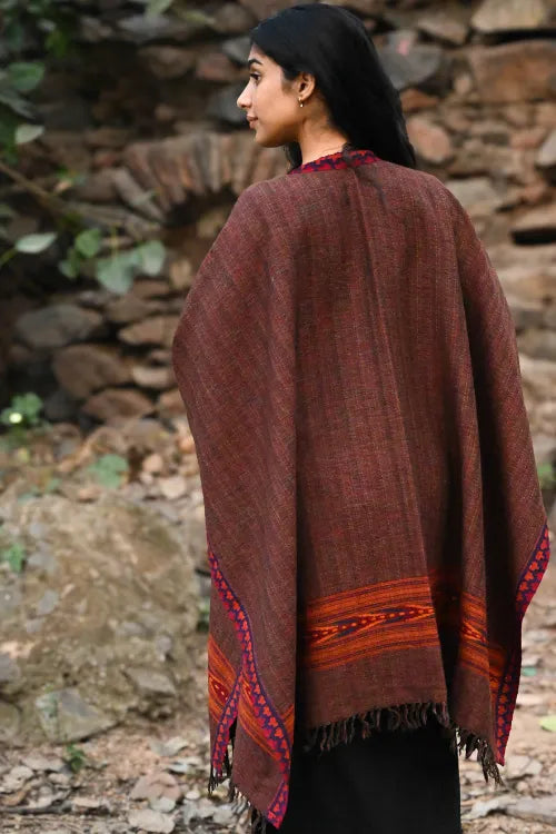 The ICH Exclusive Soft Himachal Wool Poncho With Woven Border - Smoked Coffee