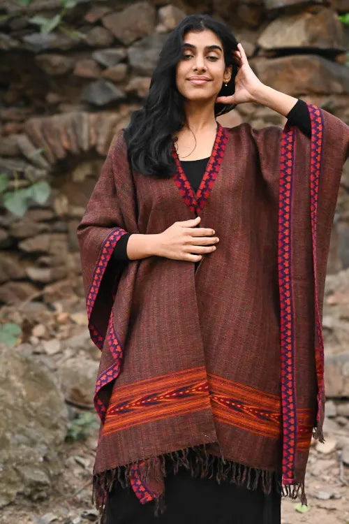 The ICH Exclusive Soft Himachal Wool Poncho With Woven Border - Smoked Coffee