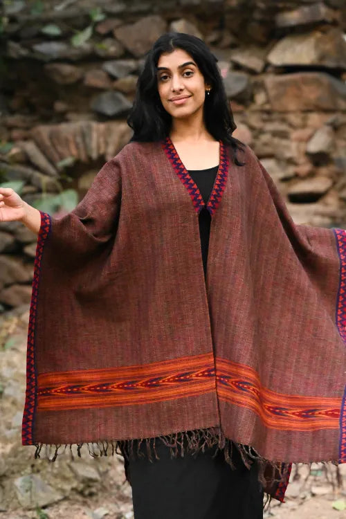 The ICH Exclusive Soft Himachal Wool Poncho With Woven Border - Smoked Coffee