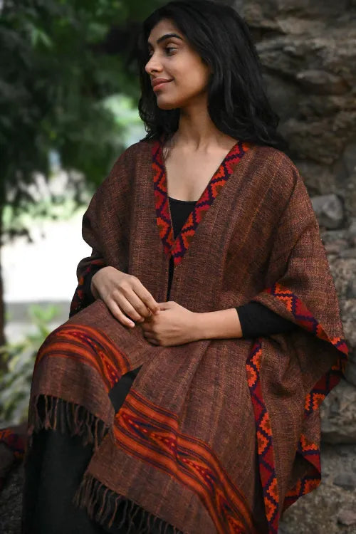 The ICH Exclusive Soft Himachal Wool Poncho With Woven Border - Coffee Spiced