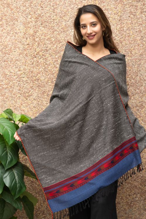 TICH Fine, Soft Himachal Wool Striped Stole - Grey & Blue