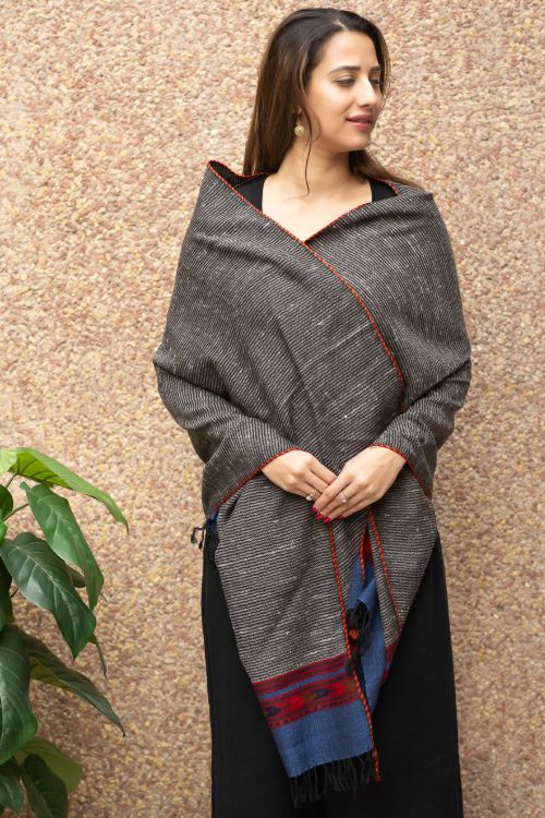 TICH Fine, Soft Himachal Wool Striped Stole - Grey & Blue