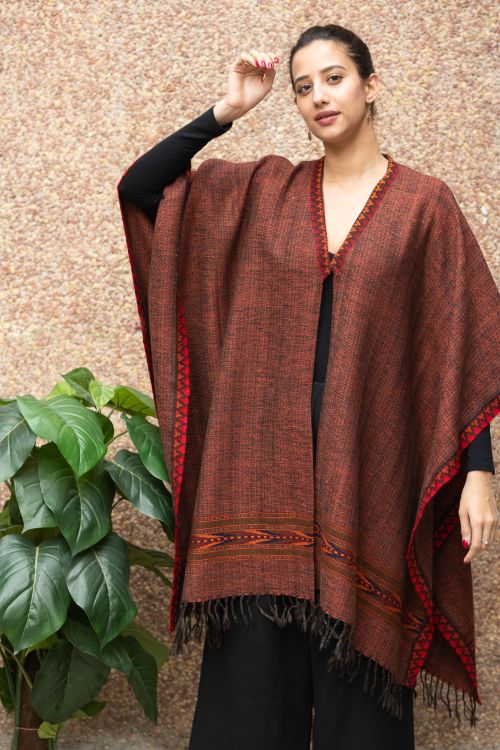 TICH Fine, Soft Himachal Wool Poncho Wrap With Woven Kinnauri Border - Brown Rust