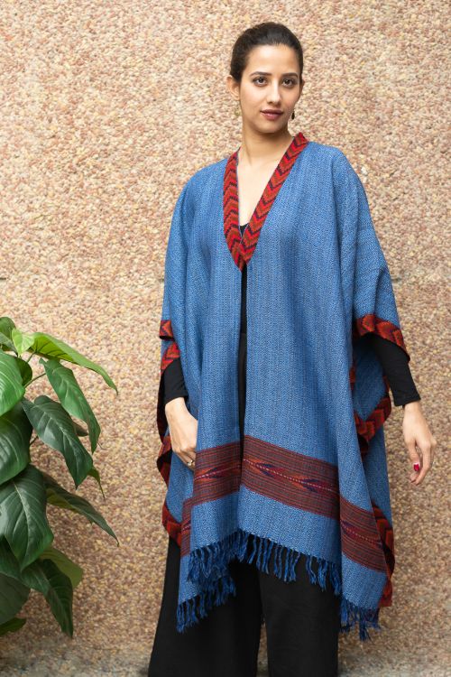 TICH Fine, Soft Himachal Wool Poncho Wrap With Woven Kinnauri Border - Warm Blue