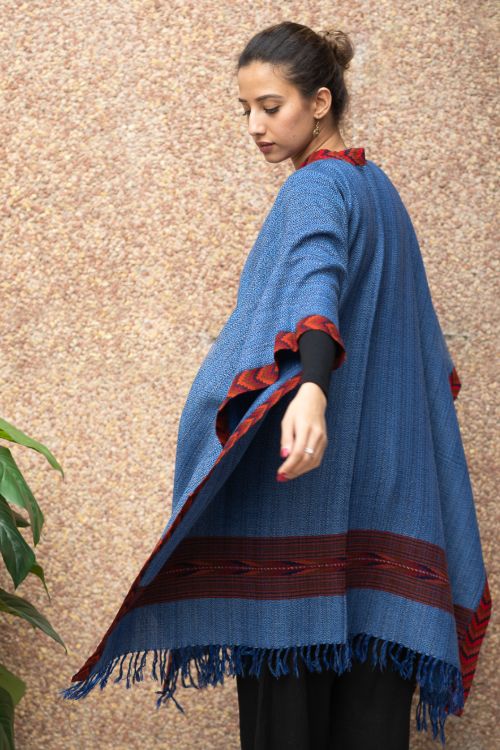 TICH Fine, Soft Himachal Wool Poncho Wrap With Woven Kinnauri Border - Warm Blue