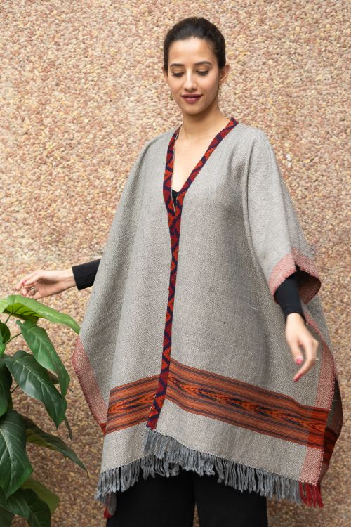 TICH Fine, Soft Himachal Wool Poncho Wrap With Woven Kinnauri Border - Grey Tones