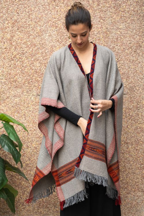 TICH Fine, Soft Himachal Wool Poncho Wrap With Woven Kinnauri Border - Grey Tones