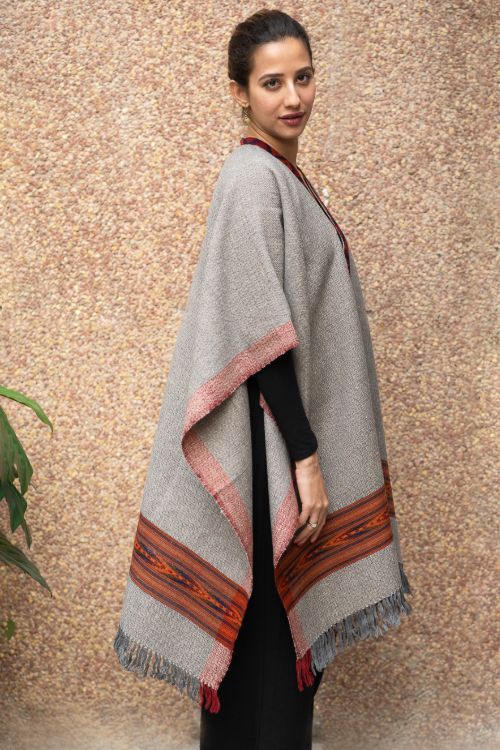 TICH Fine, Soft Himachal Wool Poncho Wrap With Woven Kinnauri Border - Grey Tones