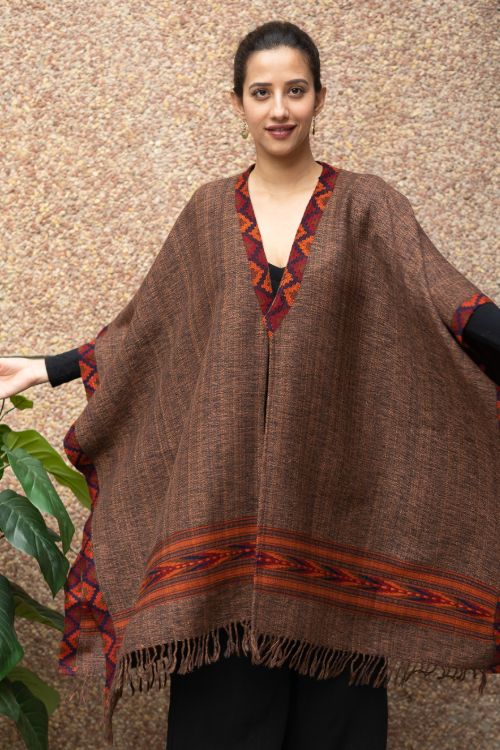 TICH Fine, Soft Himachal Wool Poncho Wrap With Woven Kinnauri Border - Browns