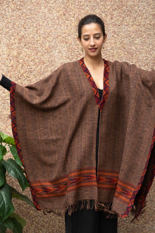 TICH Fine, Soft Himachal Wool Poncho Wrap With Woven Kinnauri Border - Browns