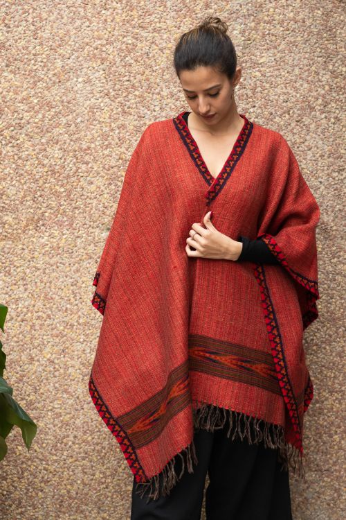 TICH Fine, Soft Himachal Wool Poncho Wrap With Woven Kinnauri Border - Red