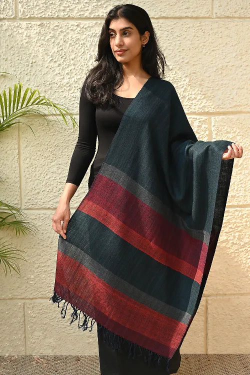 The ICH Fine, Soft Himachal Wool Self Striped Stole - Ashen Blue