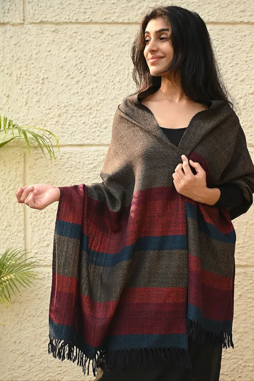 The ICH Fine, Soft Himachal Wool Self Striped Stole - Woody Mist