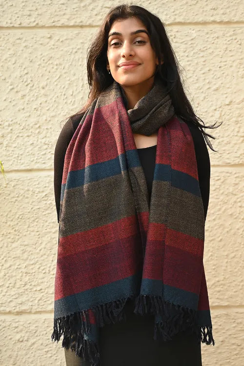 The ICH Fine, Soft Himachal Wool Self Striped Stole - Woody Mist