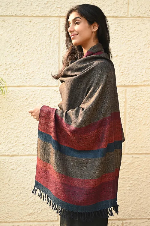 The ICH Fine, Soft Himachal Wool Self Striped Stole - Woody Mist