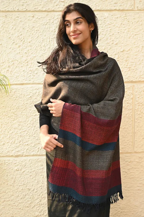 The ICH Fine, Soft Himachal Wool Self Striped Stole - Woody Mist