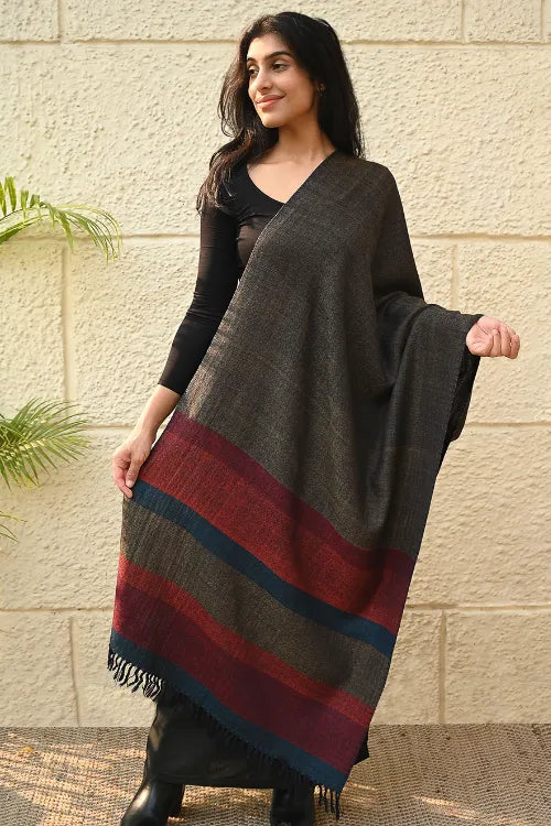 The ICH Fine, Soft Himachal Wool Self Striped Stole - Woody Mist