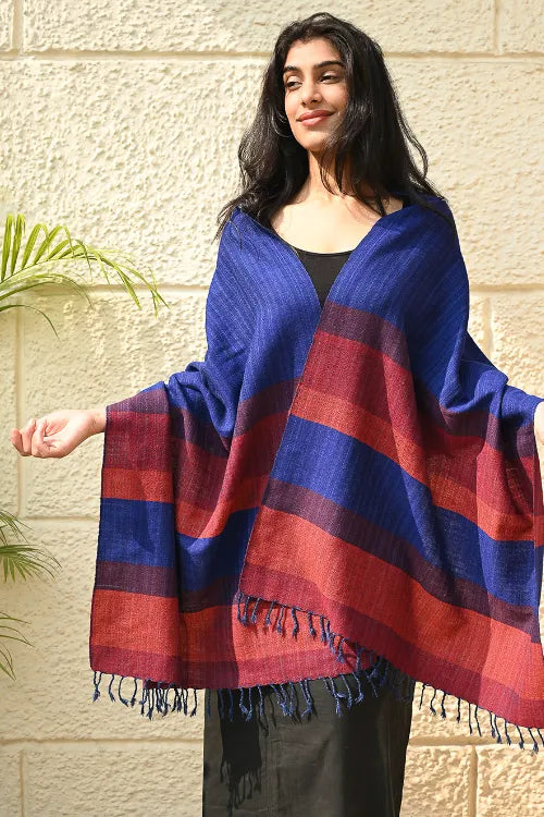 The ICH Fine, Soft Himachal Wool Self Striped Stole - Ink And Ember