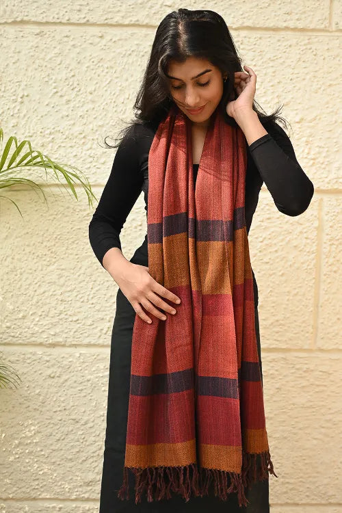 The ICH Fine, Soft Himachal Wool Self Striped Stole - Harvest Glow