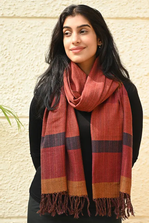 The ICH Fine, Soft Himachal Wool Self Striped Stole - Harvest Glow