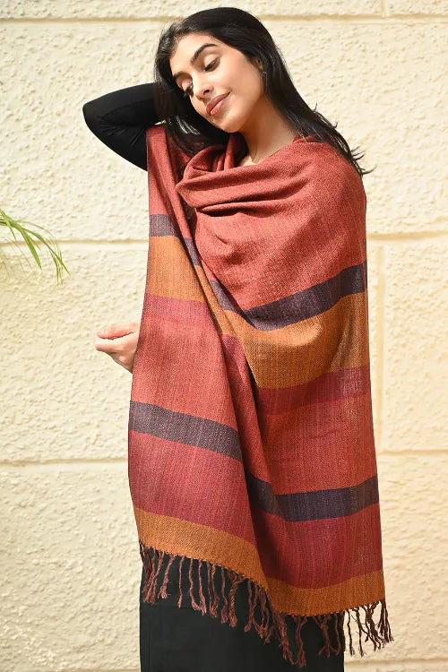 The ICH Fine, Soft Himachal Wool Self Striped Stole - Harvest Glow