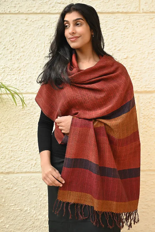 The ICH Fine, Soft Himachal Wool Self Striped Stole - Harvest Glow