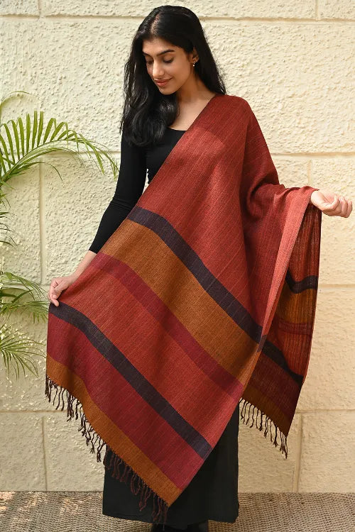 The ICH Fine, Soft Himachal Wool Self Striped Stole - Harvest Glow