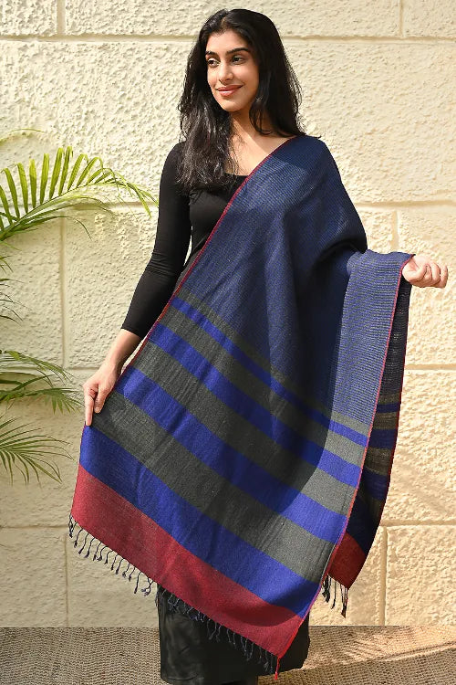 The ICH Fine, Soft Himachal Wool Self Striped Stole - Navy Glen