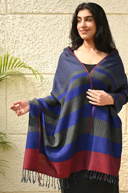 The ICH Fine, Soft Himachal Wool Self Striped Stole - Navy Glen