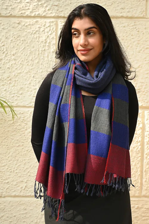 The ICH Fine, Soft Himachal Wool Self Striped Stole - Navy Glen