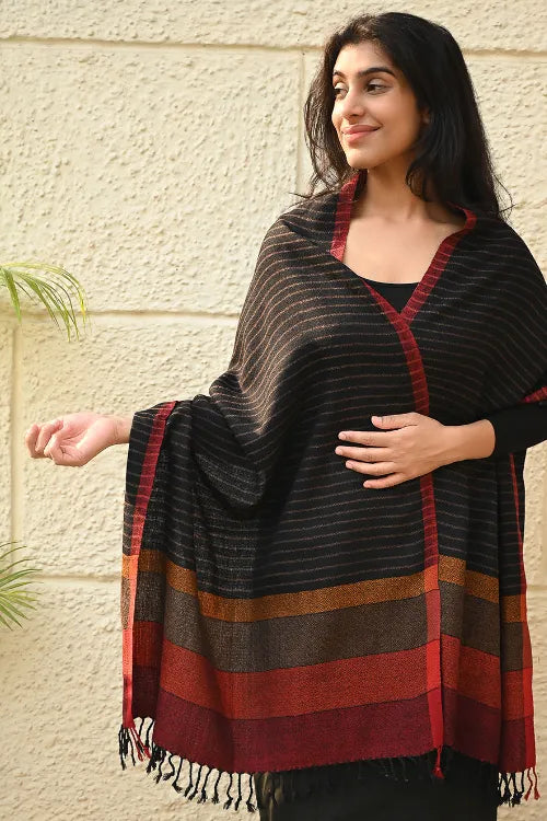 The ICH Fine, Soft Himachal Wool Self Striped Stole - Noir Stripes
