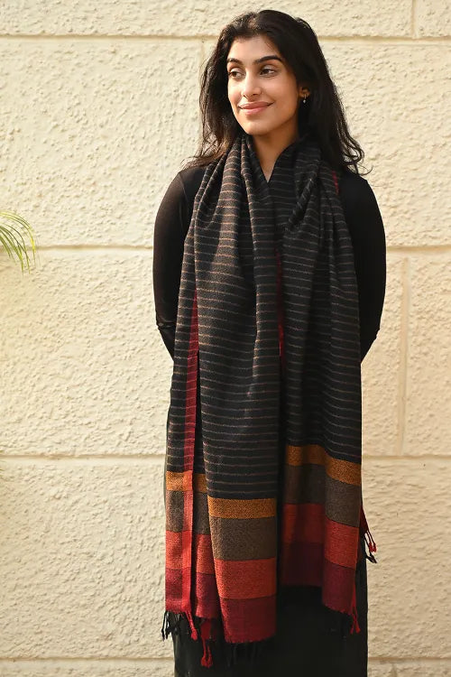 The ICH Fine, Soft Himachal Wool Self Striped Stole - Noir Stripes
