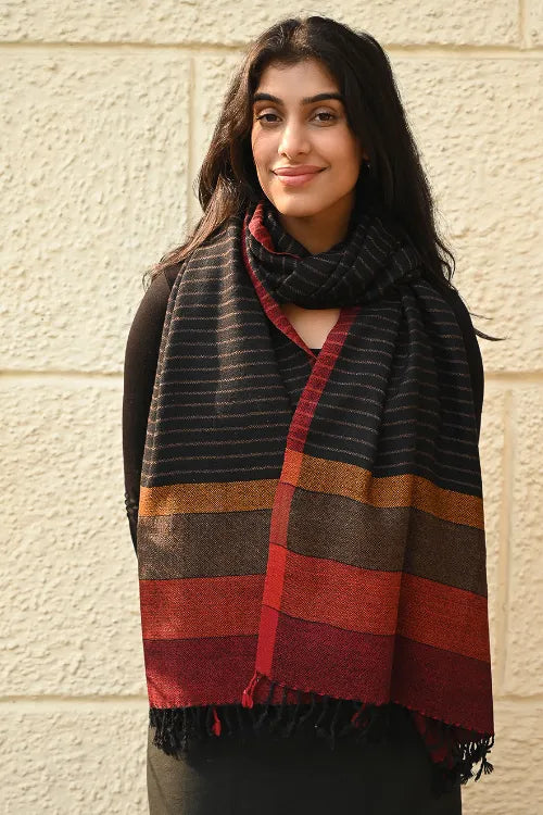 The ICH Fine, Soft Himachal Wool Self Striped Stole - Noir Stripes
