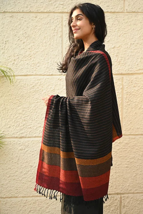 The ICH Fine, Soft Himachal Wool Self Striped Stole - Noir Stripes