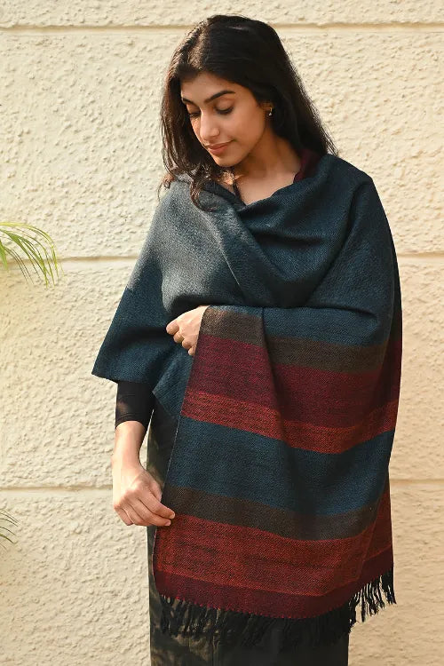 The ICH Fine, Soft Himachal Wool Self Striped Stole - Cobalt Haze