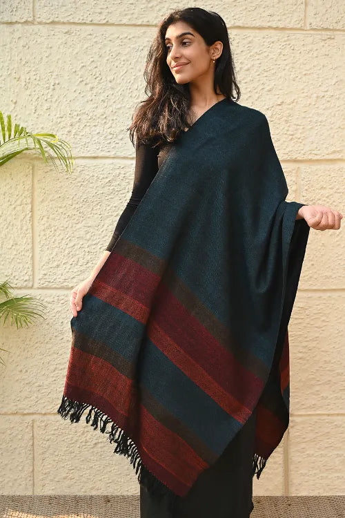 The ICH Fine, Soft Himachal Wool Self Striped Stole - Cobalt Haze