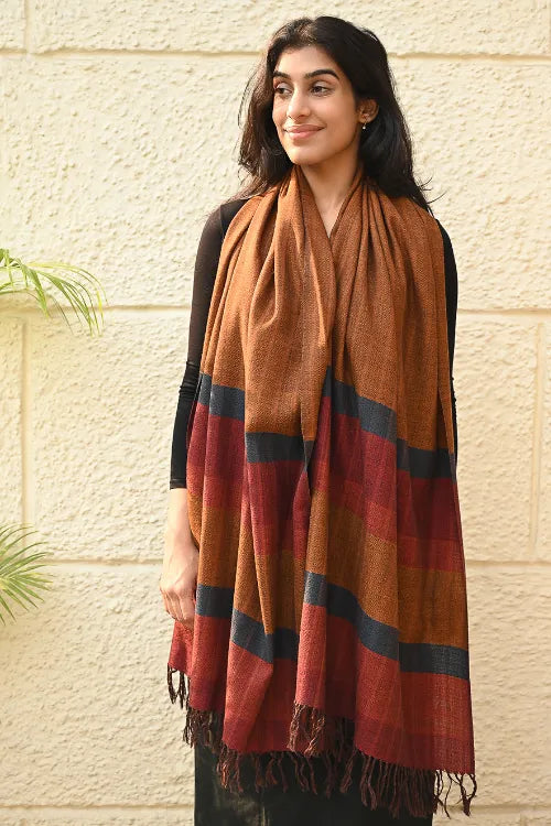 The ICH Fine, Soft Himachal Wool Self Striped Stole - Golden Dawn