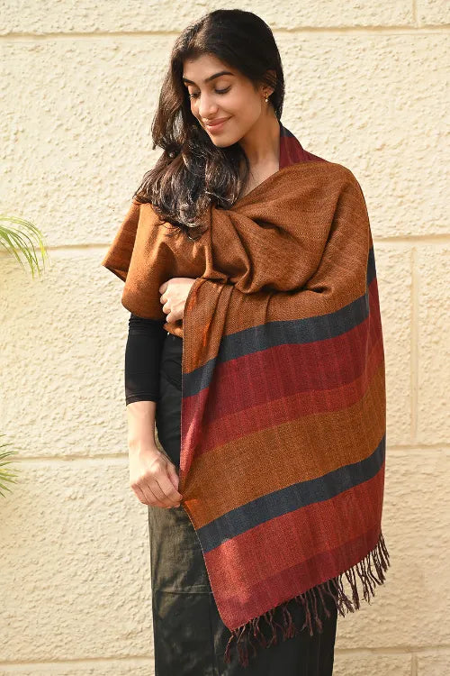 The ICH Fine, Soft Himachal Wool Self Striped Stole - Golden Dawn