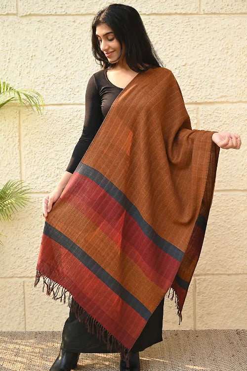 The ICH Fine, Soft Himachal Wool Self Striped Stole - Golden Dawn